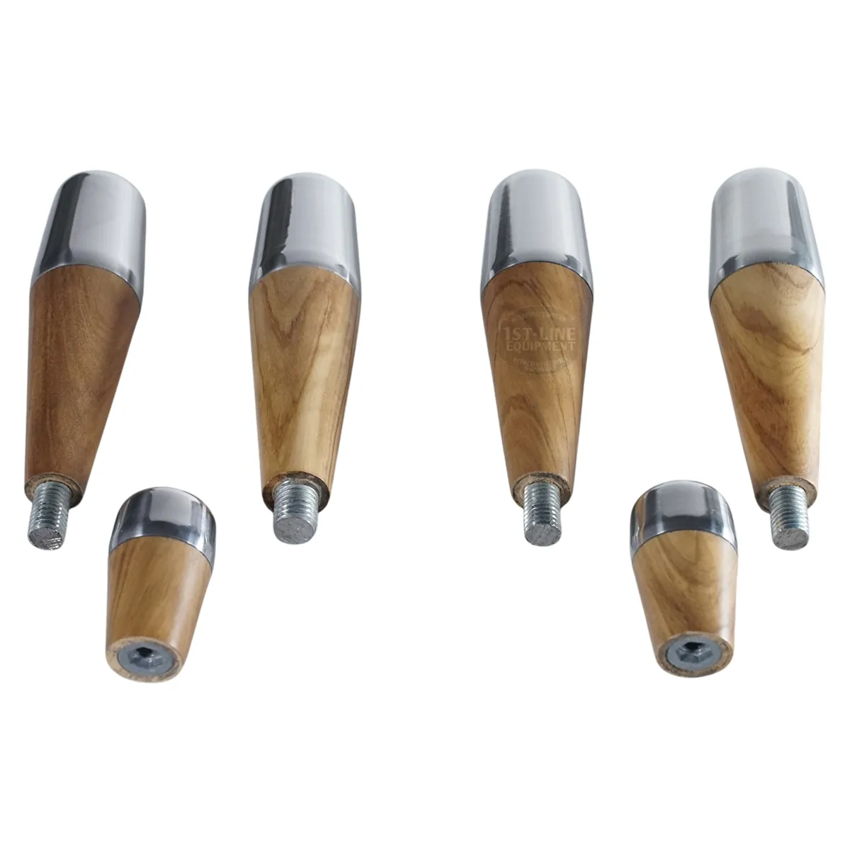 The ACS Vostok Handle/Knob Walnut Wood Kit with Metal Tip is displayed on a white background, featuring five pieces—three taller and two shorter—for furniture, each with a sleek metal tip and threaded bolt.