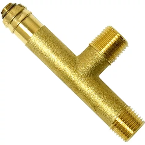 A brass T-shaped plumbing fitting with threaded ends, designed for connecting pipes. © 2025 1st-line.com