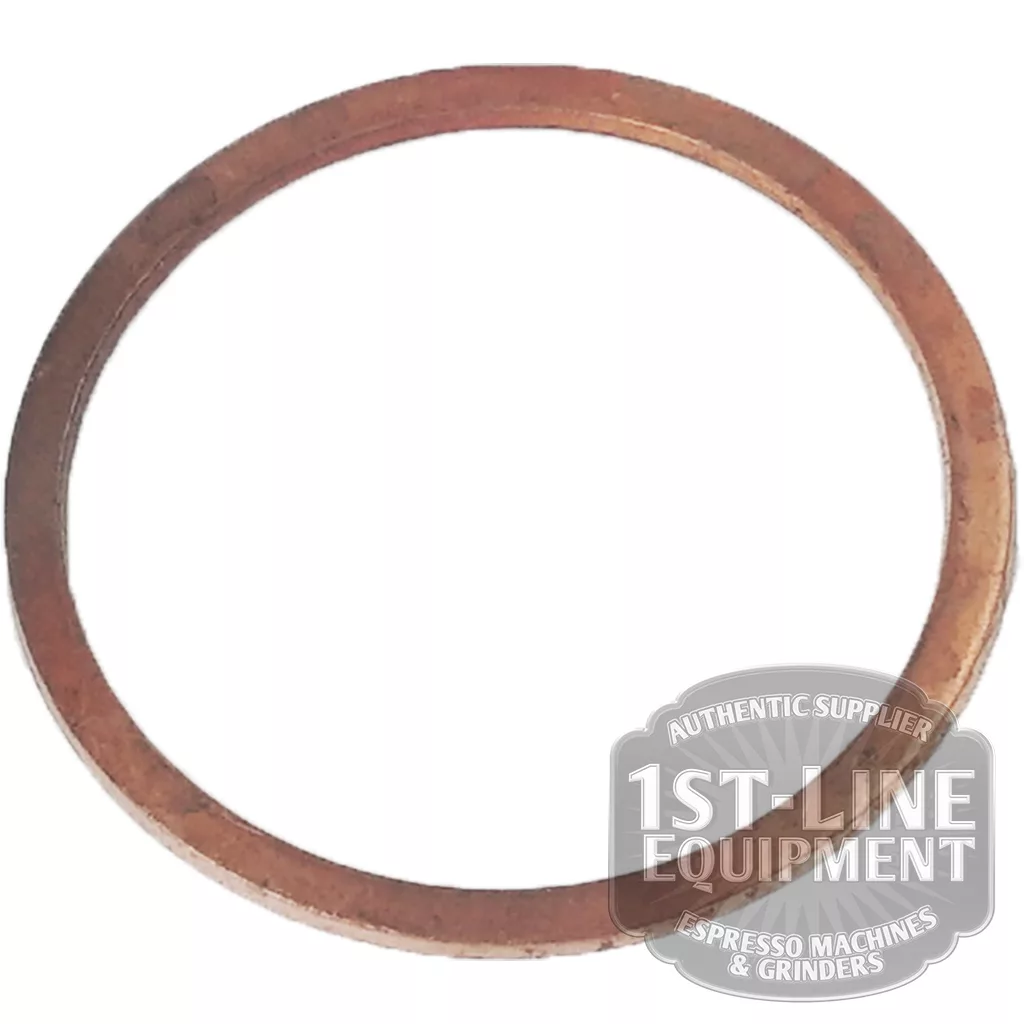 A flat, circular copper gasket with a hollow center, viewed from above. The logo “1st-Line Equipment Espresso Machines & Grinders” is partially visible in the bottom right corner. © 2025 1st-line.com
