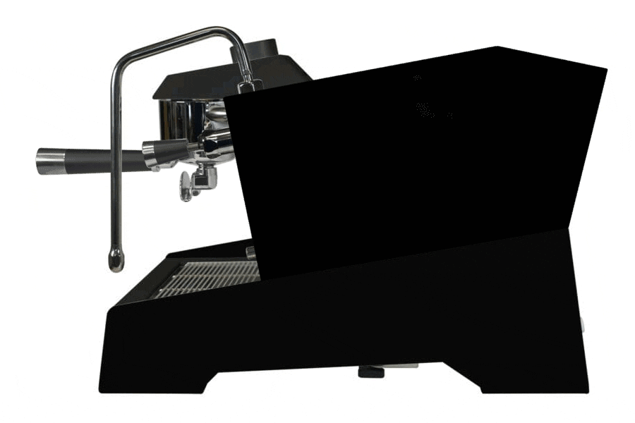 A modern black espresso machine with a side view showing the portafilter handle, steam wand, and metal drip tray. The machine has a sleek, angular design. © 2025 1st-line.com