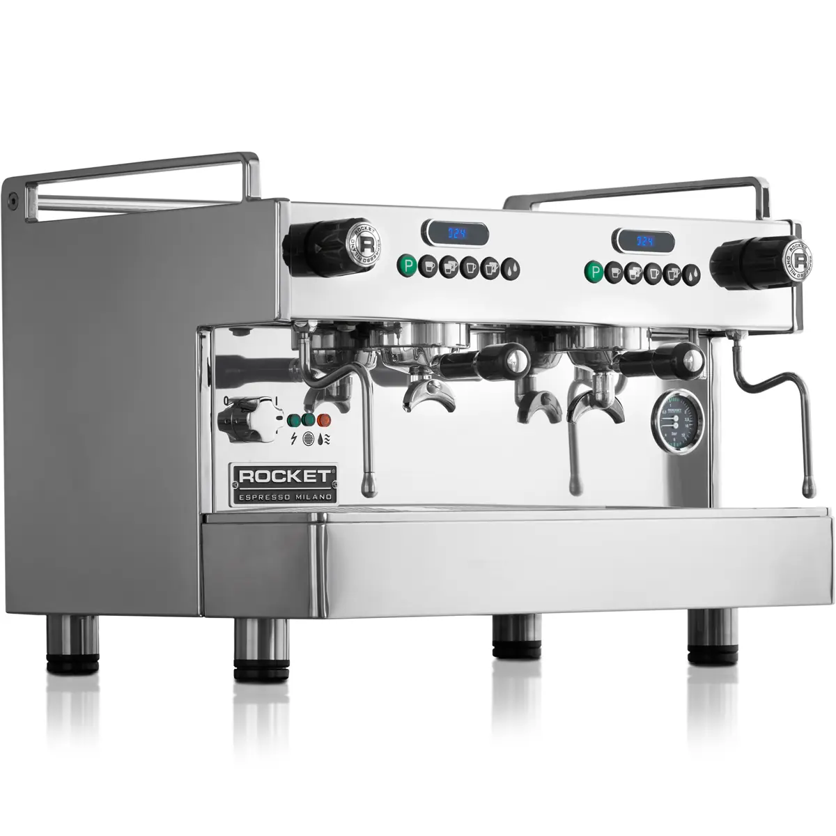 A shiny, stainless steel commercial espresso machine with two group heads, multiple knobs, gauges, and a side steam wand, displaying the Rocket Espresso Milano logo on the front. © 2025 1st-line.com
