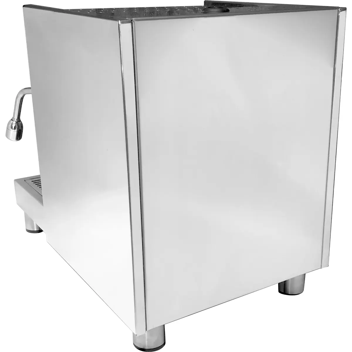 A side view of a modern espresso machine with a stainless steel finish, showing a water spout on the left and sturdy metal legs. © 2025 1st-line.com