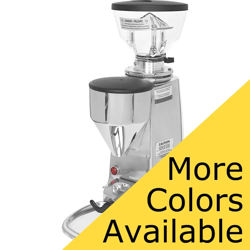 A silver coffee grinder with a transparent bean hopper, displayed at an angle. A yellow diagonal overlay reads More Colors Available in bold black text. © 2025 1st-line.com