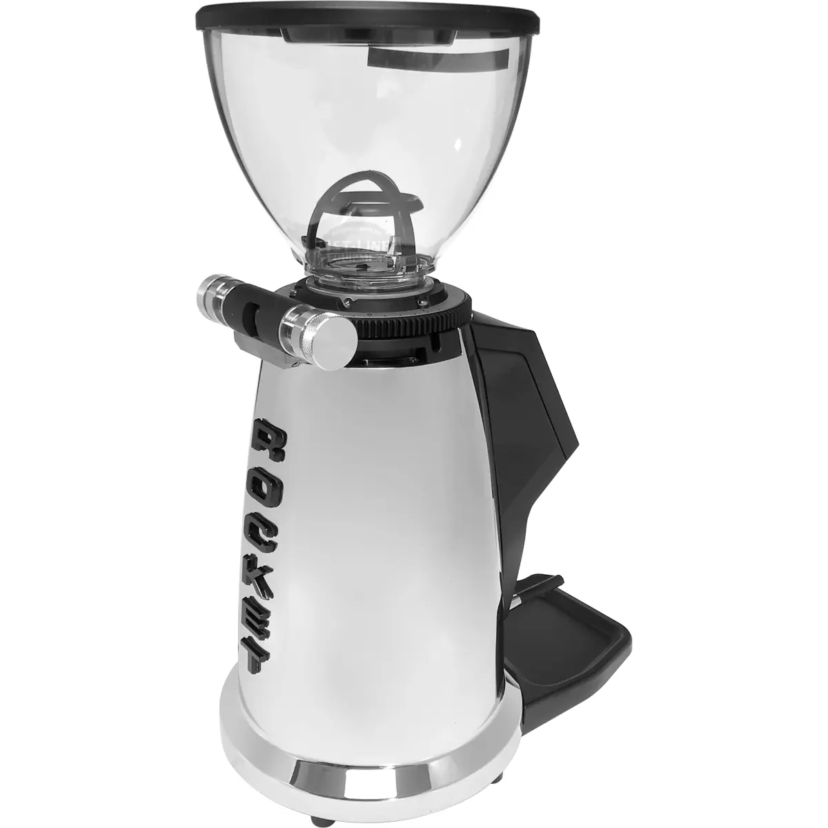 A stainless steel coffee grinder with a clear bean hopper on top, black dials, and a side-mounted portafilter holder, displayed against a white background. © 2025 1st-line.com