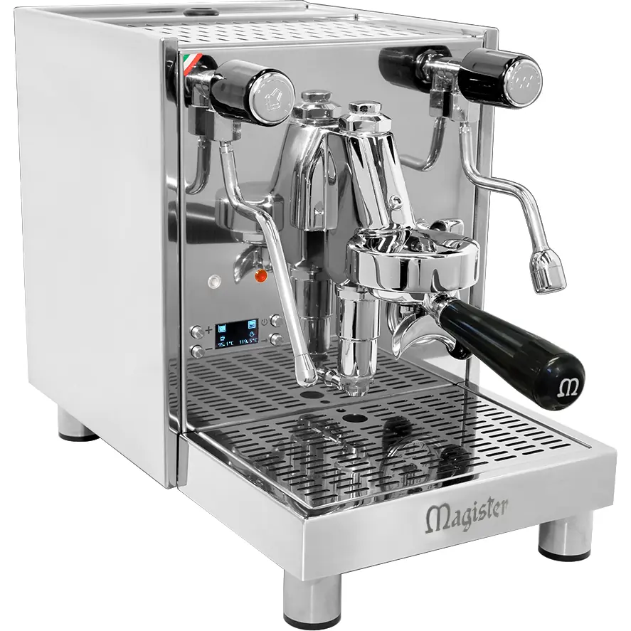 A stainless steel Magister espresso machine with dual wands, pressure gauges, digital display, and a portafilter, set on a reflective drip tray. © 2025 1st-line.com