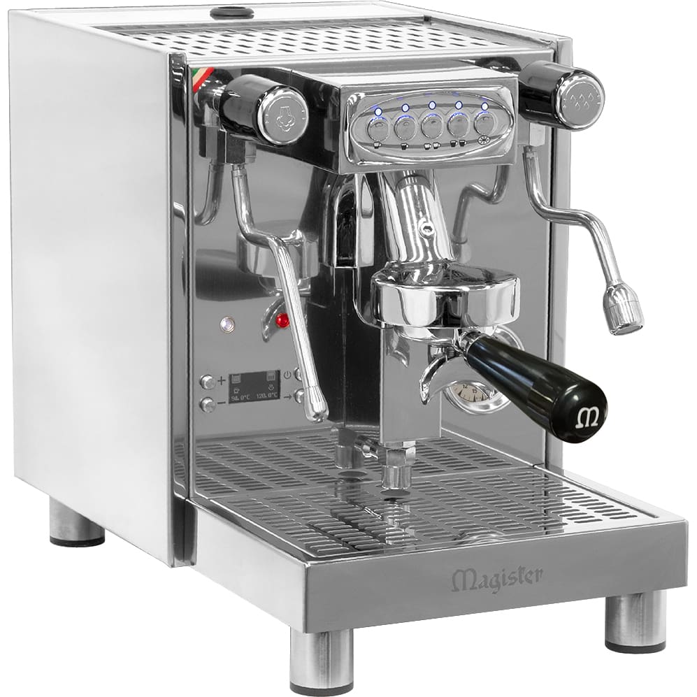 A stainless steel Magister espresso machine with multiple control buttons, steam wands, a portafilter, and a drip tray, designed for making coffee and espresso drinks. © 2025 1st-line.com