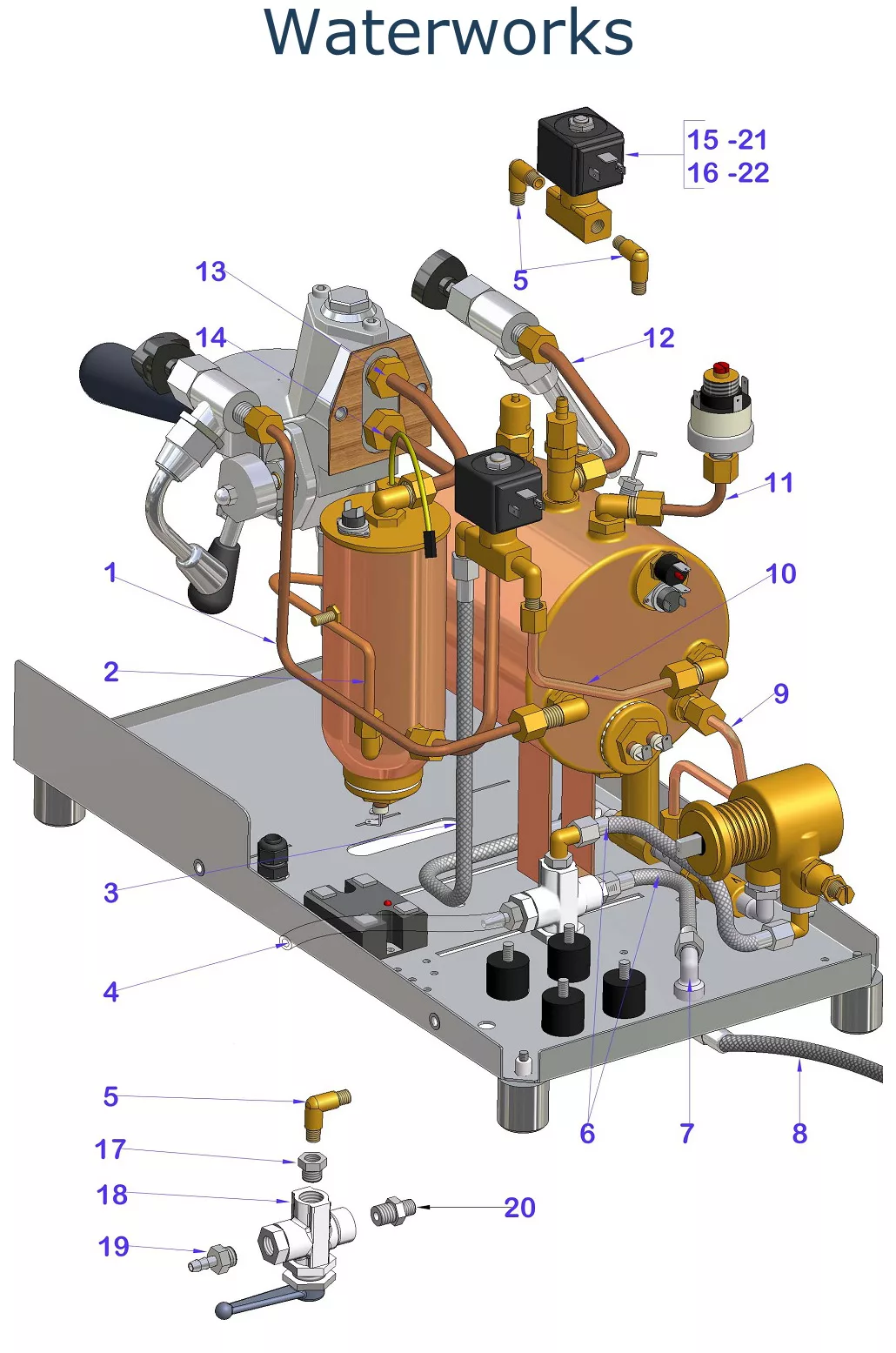 3D diagram of a waterworks system with labeled components, including tanks, valves, pipes, switches, pressure gauges, and connectors, all mounted on a metal base with numbers referencing each part. © 2025 1st-line.com
