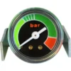 A pressure gauge with a white needle pointing to the green section. The gauge face has green, black, and red areas and is labeled “bar” in red text. The casing has two metal brackets on each side. © 2025 1st-line.com