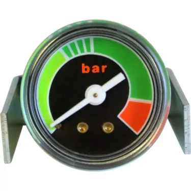 A pressure gauge with a white needle pointing to the green section. The gauge face has green, black, and red areas and is labeled “bar” in red text. The casing has two metal brackets on each side. © 2025 1st-line.com