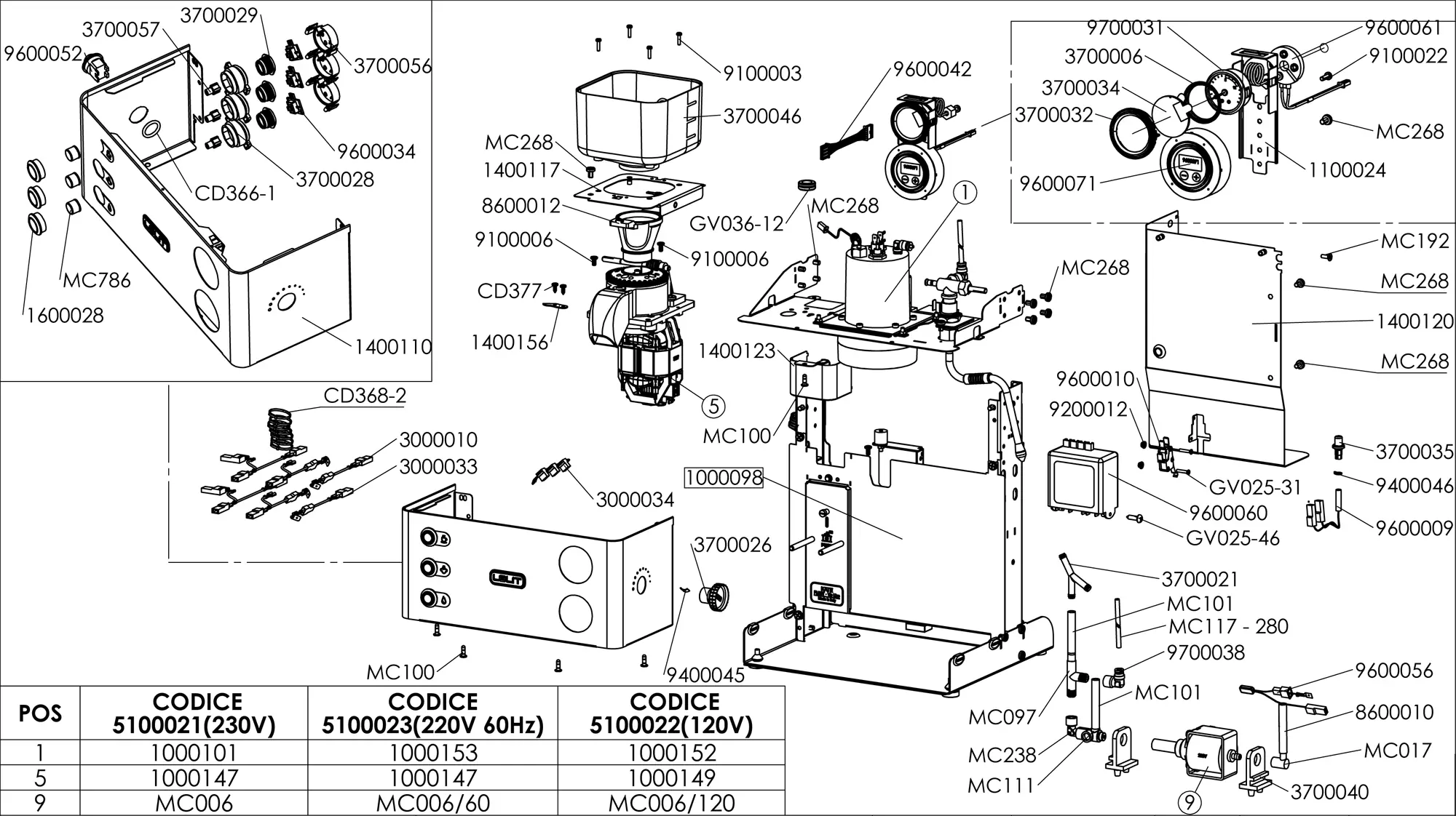 Exploded technical parts diagram of the Lelit PL82T Kate, featuring labeled parts, part numbers, and item codes in callouts. Components like switches, wiring, screws, and housing panels are detailed alongside a comprehensive parts list table. © 2025 1st-line.com