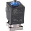 A black ACS VES0087 Solenoid Valve, 2-way, 120V 60Hz, with technical specs marked on it and a blue plastic cap on top; mounted on a metallic base.