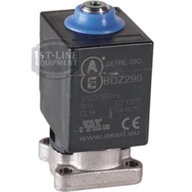 A black ACS VES0087 Solenoid Valve, 2-way, 120V 60Hz, with technical specs marked on it and a blue plastic cap on top; mounted on a metallic base.
