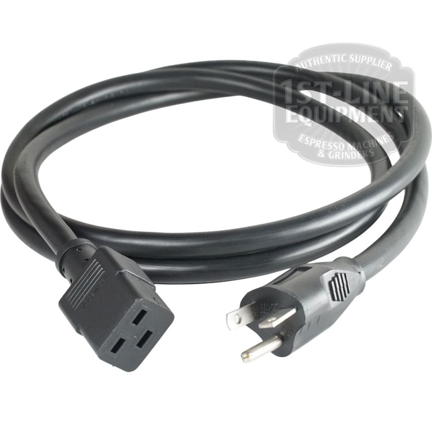 A black power cord with a three-prong plug and a three-slot female connector, coiled on a white background—perfect for use with the Rocket Bicocca Dual Boiler Espresso Machine.