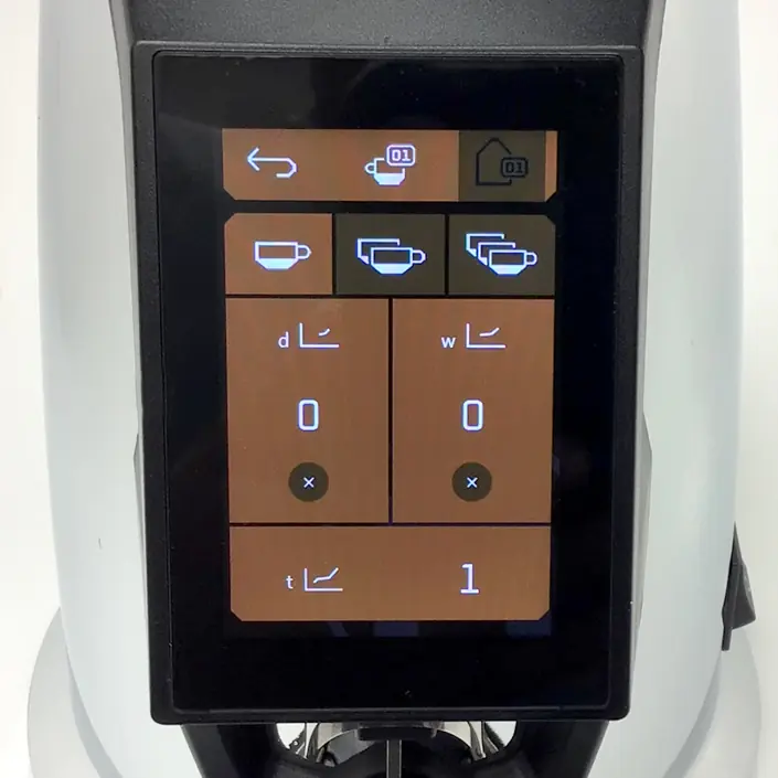 A close-up of a coffee machine’s digital touchscreen display showing drink options and adjustable settings for cup size, milk, water, temperature, and quantity with icons and numbers. © 2025 1st-line.com