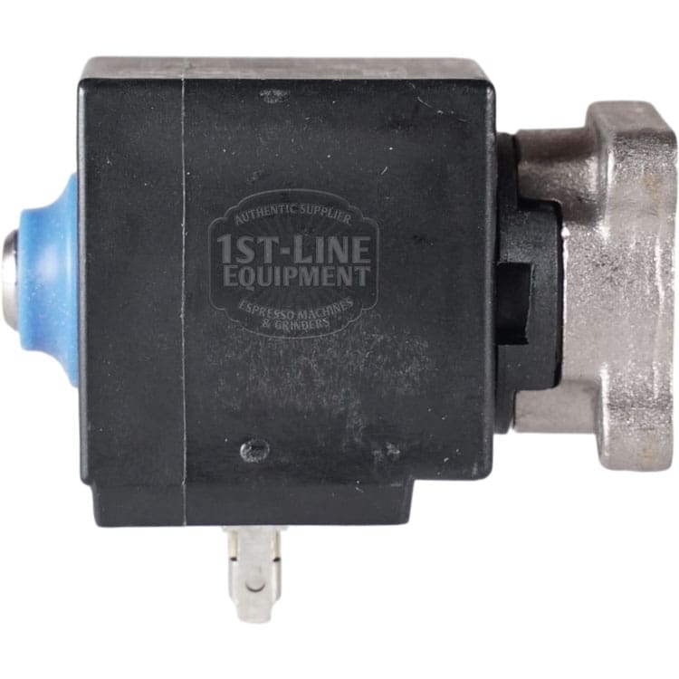 A close-up of the ACS VES0087 2-way solenoid valve, featuring a black body with blue tip and metal fittings, operates at 120V 60Hz; designed for espresso machines and grinders. Labeled “1st-Line Equipment.”.