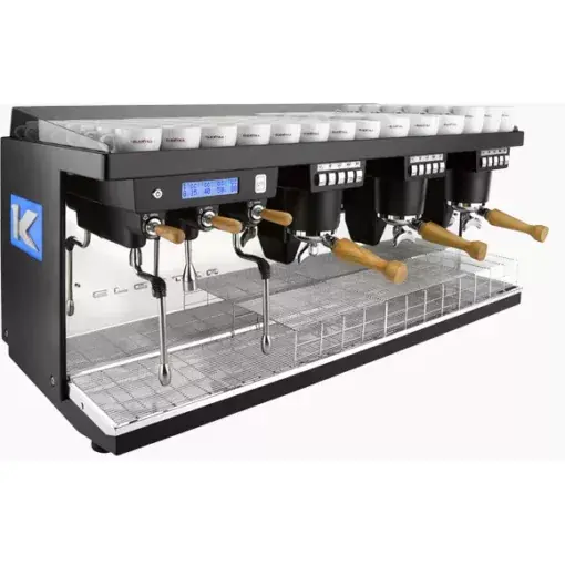 A commercial espresso machine with three wooden portafilters, a digital display, multiple control buttons, two steam wands, and a row of cups on top. © 2025 1st-line.com