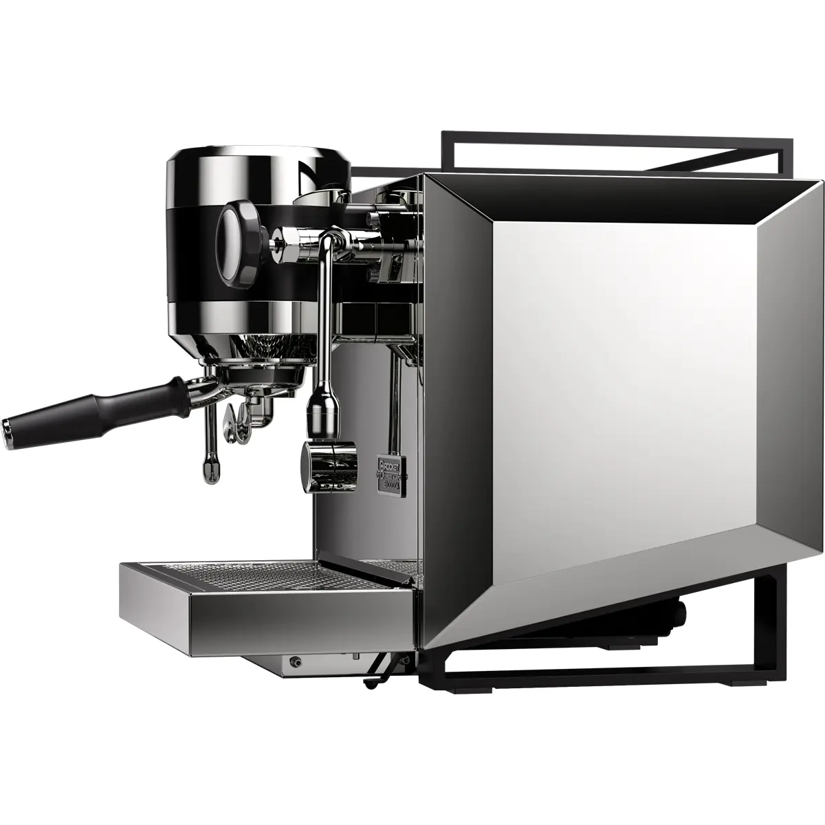 A modern, chrome espresso machine with a portafilter handle, reflective side panels, and a sleek, angular design standing on a drip tray. © 2025 1st-line.com