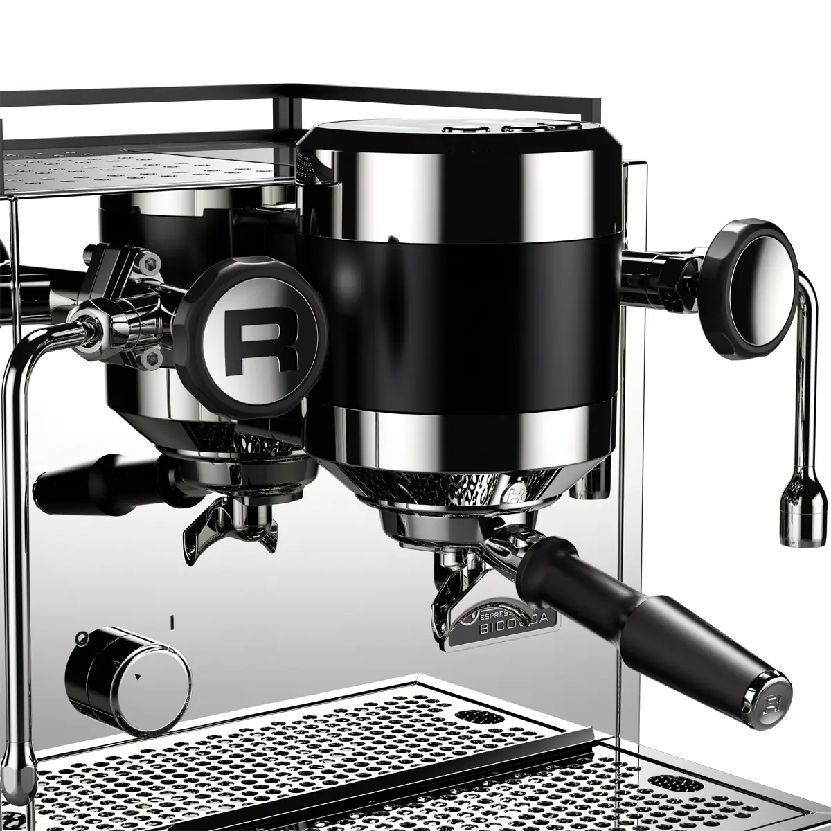 A modern, sleek espresso machine with a shiny black and chrome finish, featuring dual group heads, portafilter, steam wand, and a reflective metal drip tray. © 2025 1st-line.com