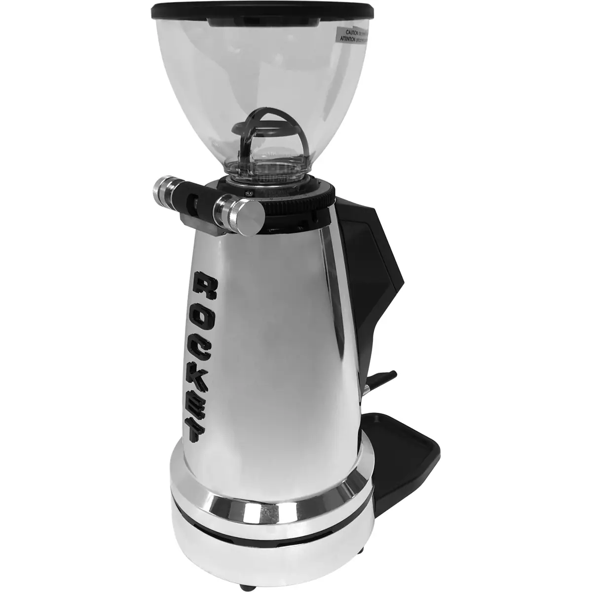 A shiny, silver coffee grinder with a transparent bean hopper on top and the word ROCKET vertically displayed on the side of the base. © 2025 1st-line.com