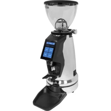 A silver and black electric coffee grinder with a transparent bean hopper on top, a digital display with blue buttons on the front, and a grounds tray at the base. © 2025 1st-line.com