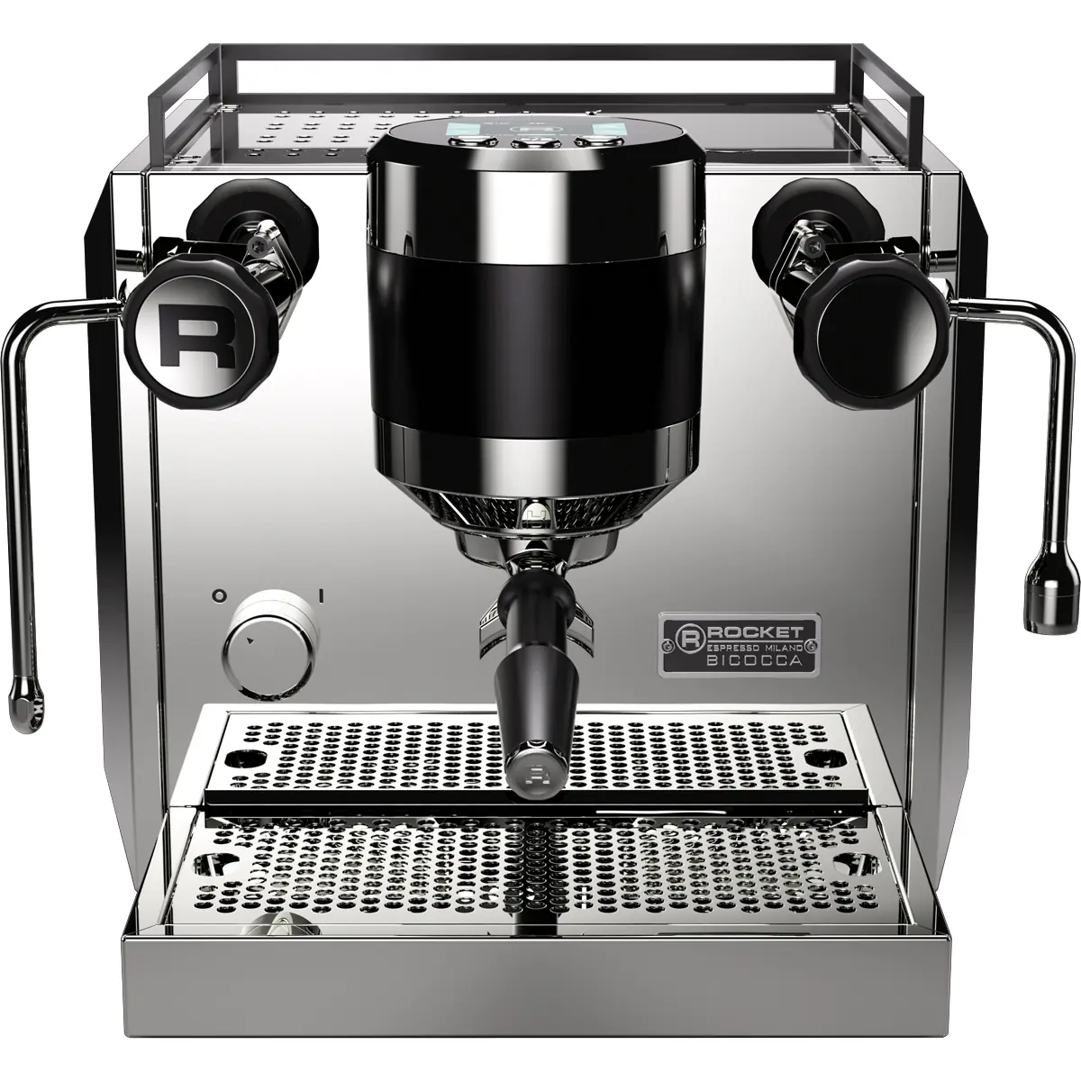 A stainless steel Rocket Espresso machine with dual steam and hot water wands, a portafilter in the center, and control knobs on each side, shown from the front. © 2025 1st-line.com