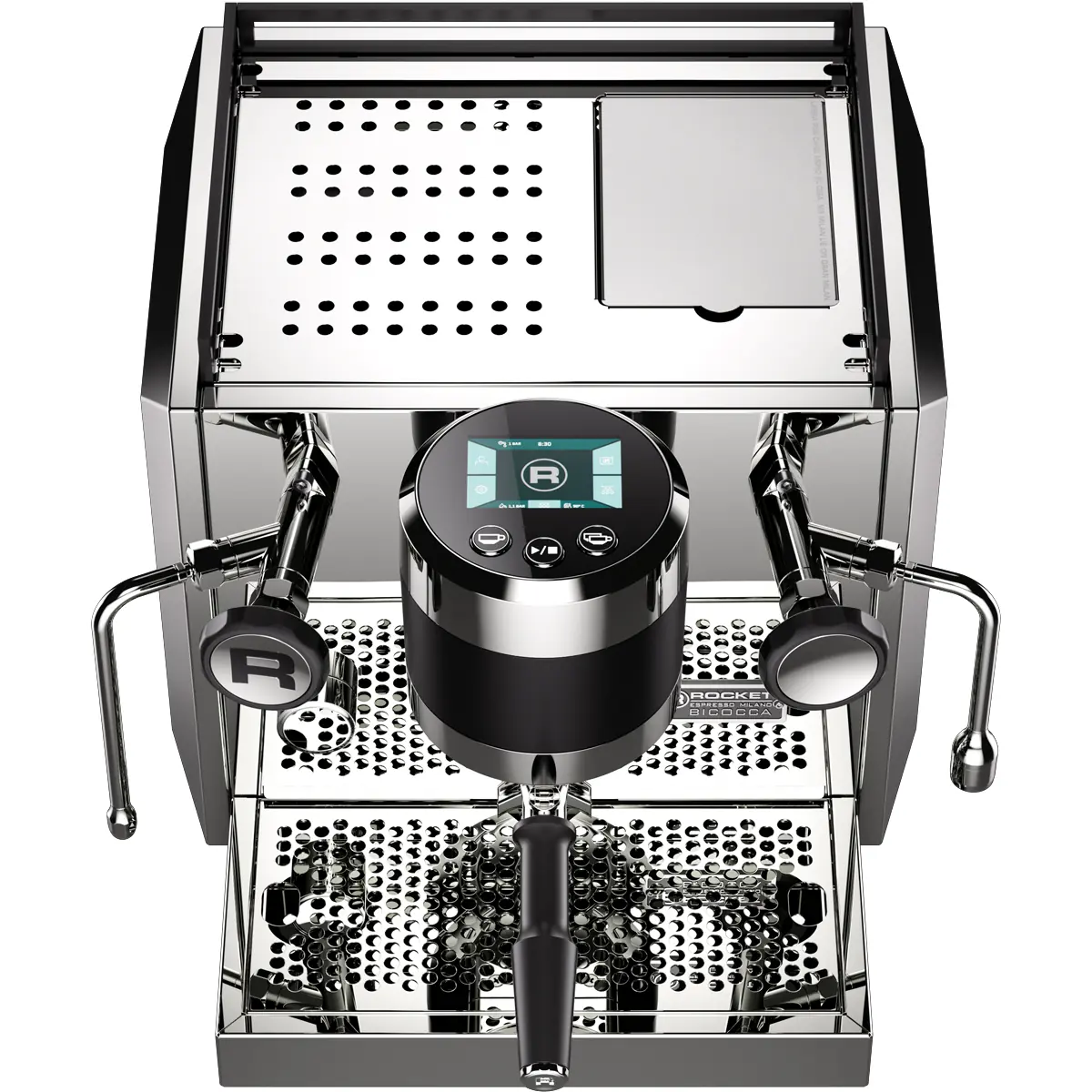 A top-down view of a sleek, chrome espresso machine with dual steam wands, a digital display, and a portafilter positioned above a perforated drip tray. © 2025 1st-line.com