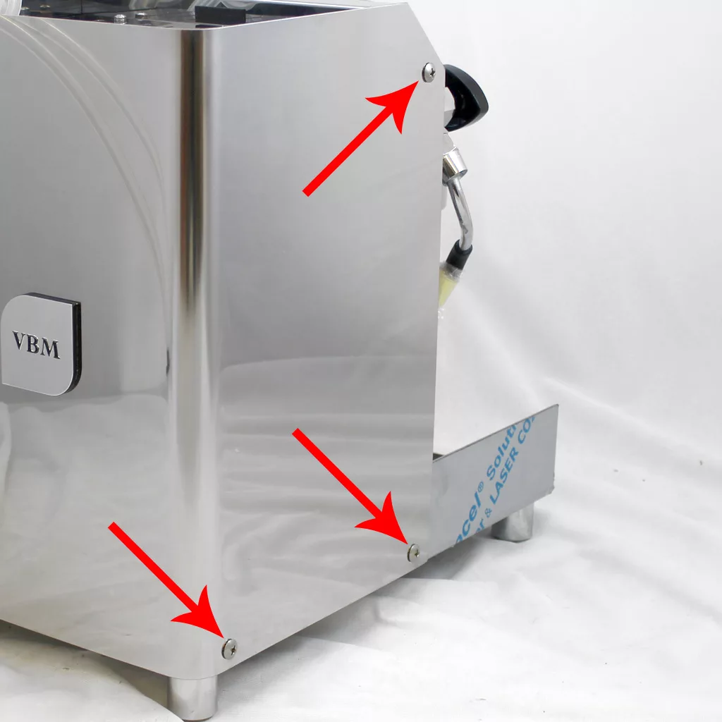 A stainless steel espresso machine side panel with three red arrows pointing at screws and the bottom corner foot. The machine is set against a white background. © 2025 1st-line.com