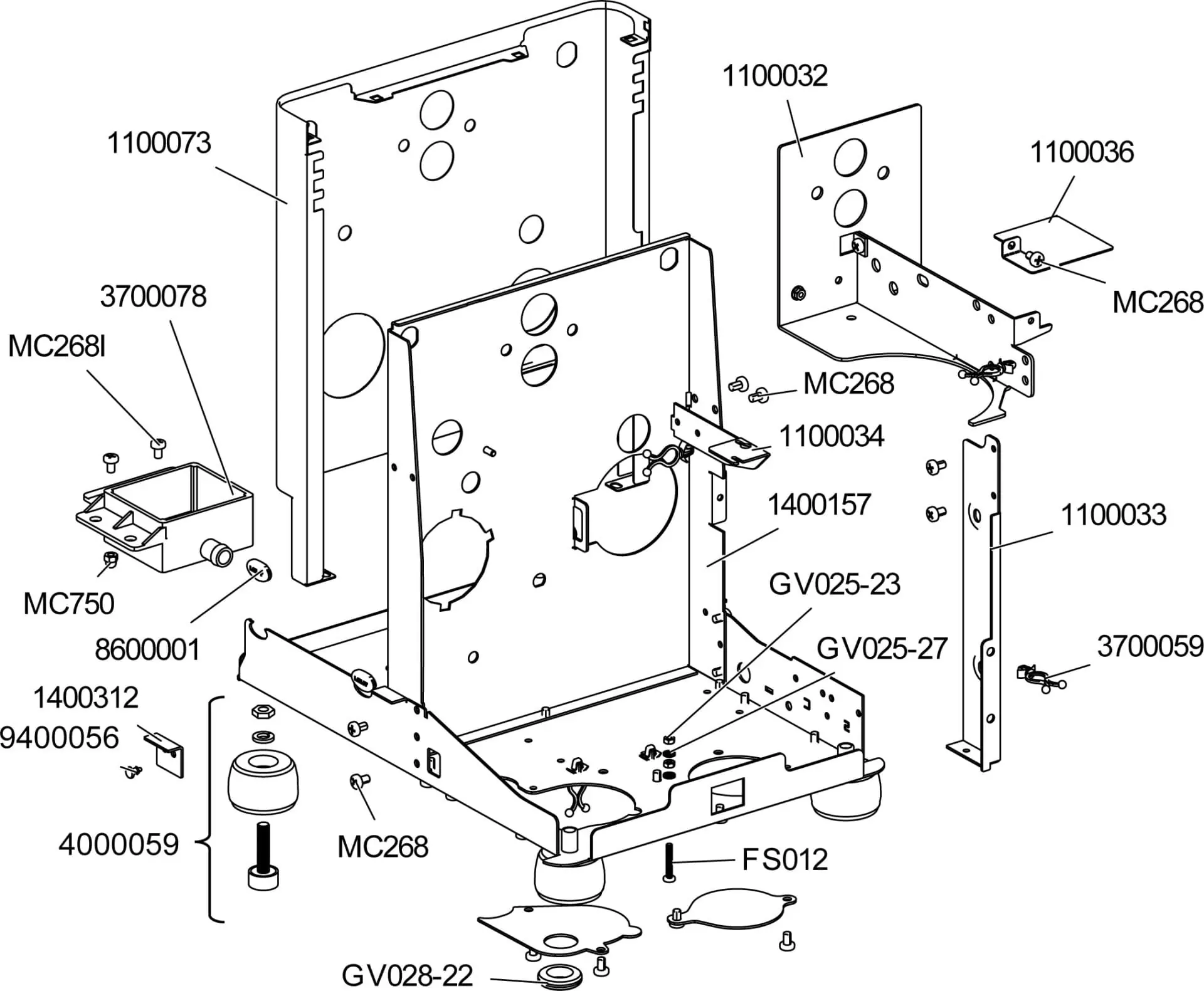 Black-and-white exploded diagram of a mechanical device showing various labeled parts, including panels, brackets, screws, supports, a motor, rubber feet, and small components arranged with connecting lines and part numbers. © 2025 1st-line.com