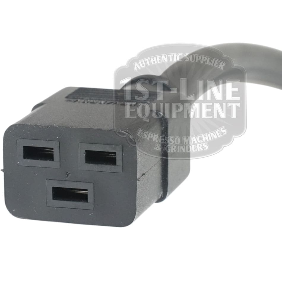 Close-up of a black, three-prong female power cord connector with a curved cable, designed for use with the Rocket Bicocca Dual Boiler Espresso Machine.