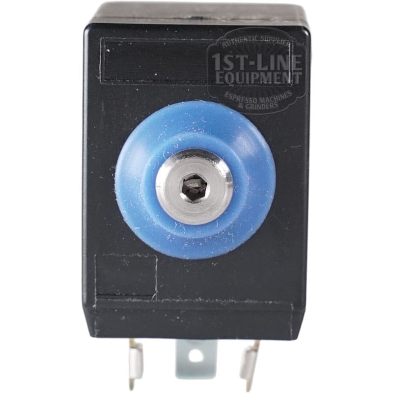 Close-up of the ACS VES0087 Solenoid Valve 2-way 120V 60Hz, featuring a blue circular part with a central metal screw and two metal prongs at the bottom. The 1st-Line Equipment logo is shown in the top right corner.