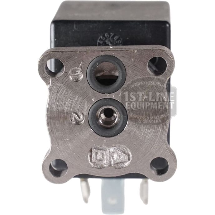 Close-up of the ACS VES0087 Solenoid Valve, a 2-way component with two circular ports, mounting holes at each corner, and electrical connectors at the bottom. Rated for 120V 60Hz operation.