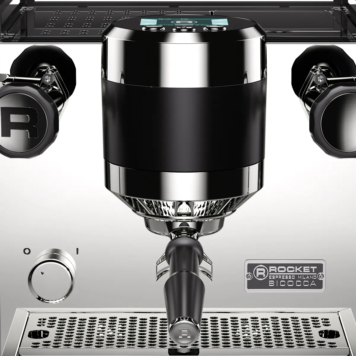 Close-up view of a Rocket Espresso Milano Bicocca espresso machine, highlighting the portafilter, group head, and sleek metallic and black design details. © 2025 1st-line.com
