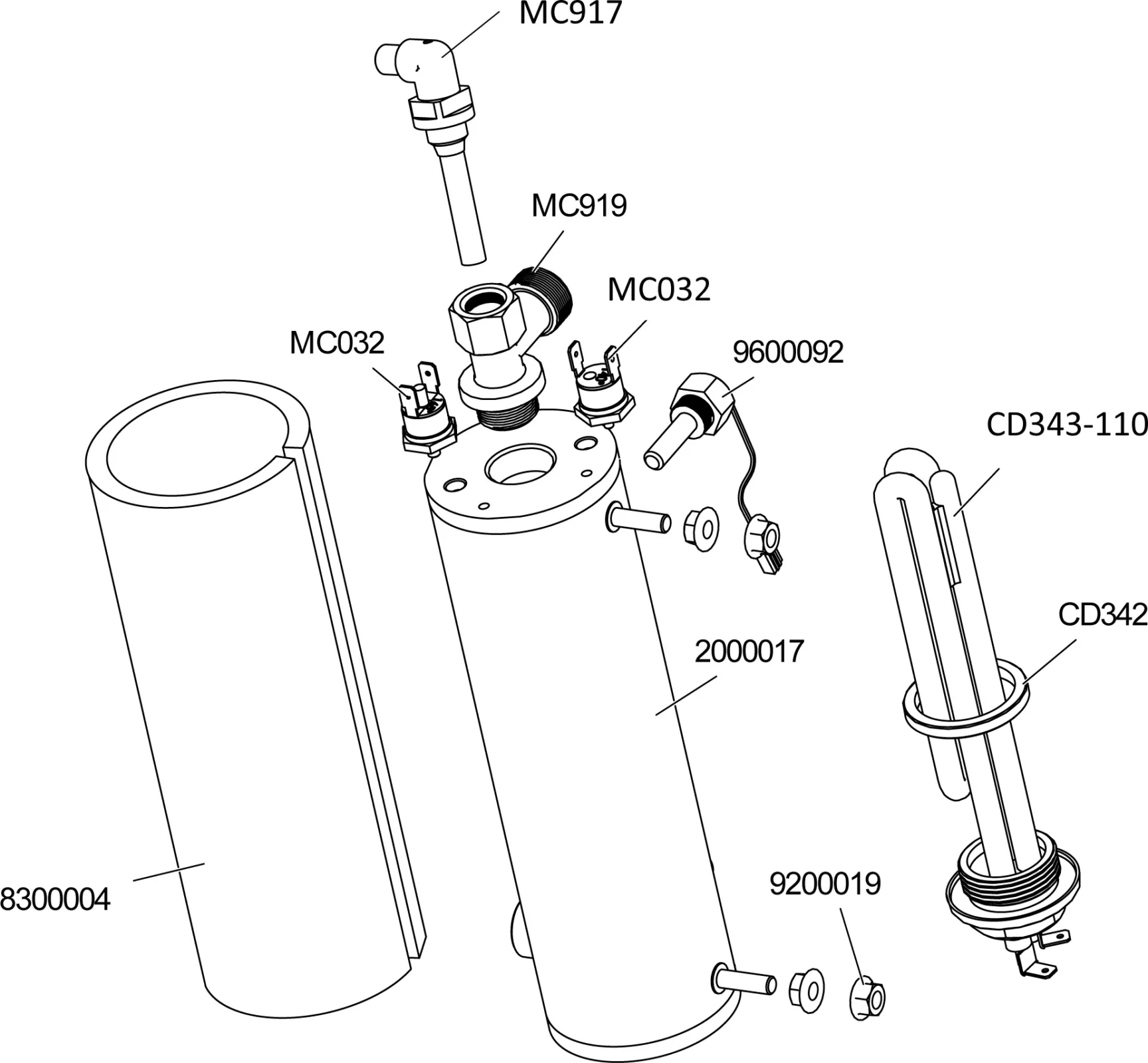 Exploded diagram of a cylindrical water heater, showing labeled parts including the tank, heating element, connectors, nuts, and pipes, with part numbers such as 8300004, MC919, MC032, and CD343-110. © 2025 1st-line.com
