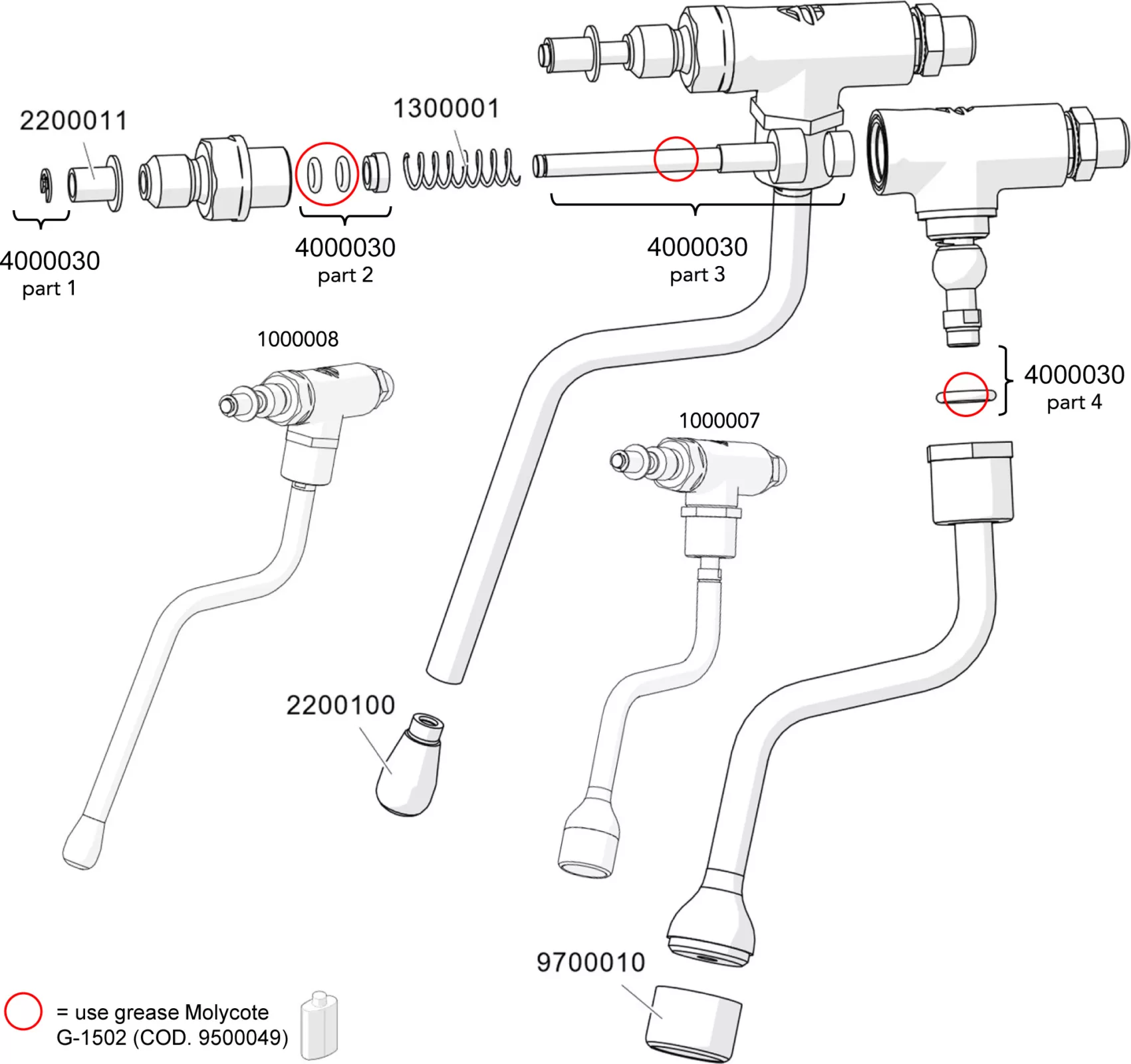 Exploded diagram of a faucet assembly with labeled parts, including valves, springs, O-rings, and pipes. Red circles indicate where to apply grease. Key codes identify each part for reference or ordering. © 2025 1st-line.com