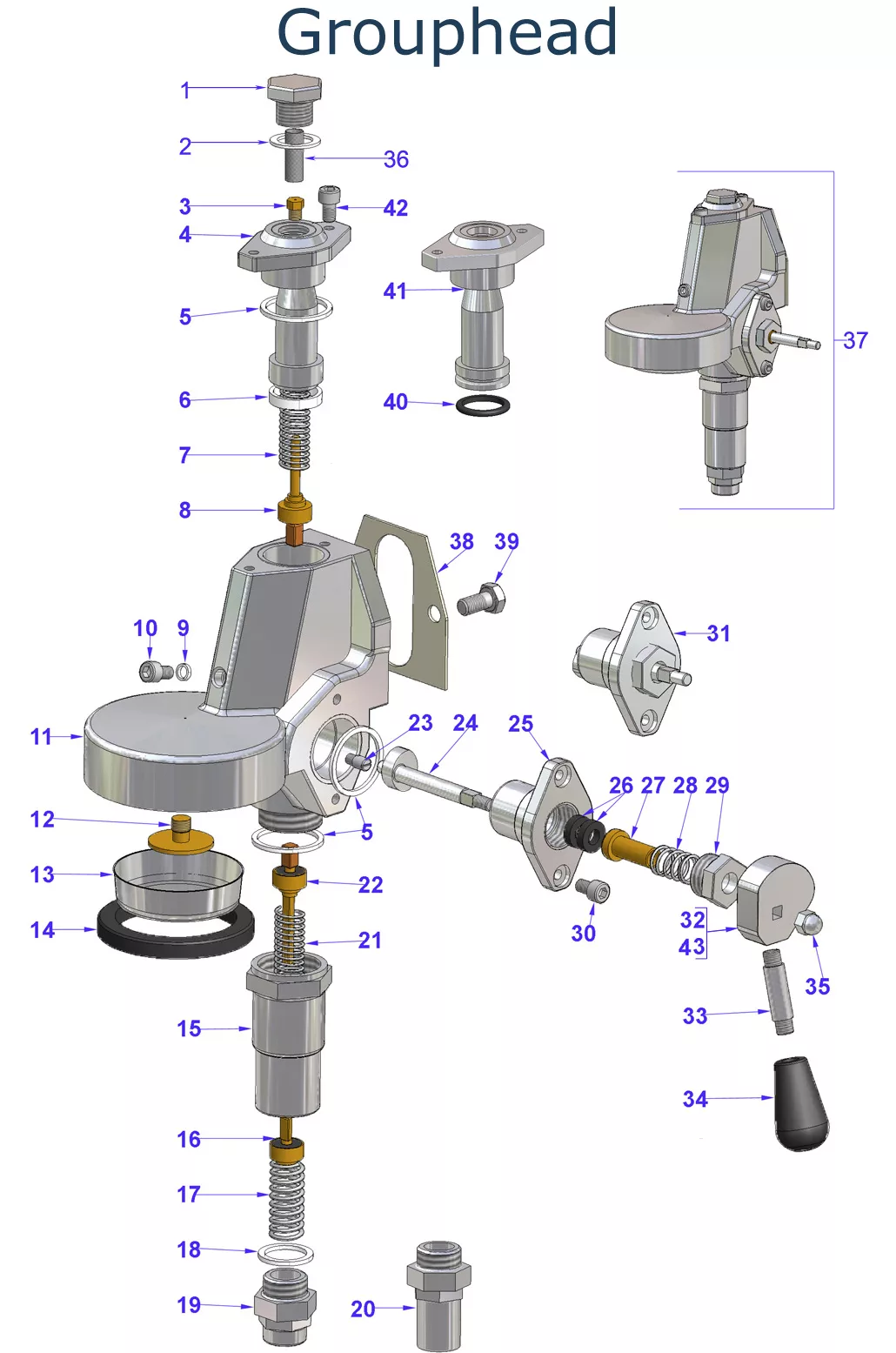 Exploded diagram of a grouphead assembly with numbered parts, showing components such as levers, valves, screws, springs, and seals arranged to illustrate how they fit together. © 2025 1st-line.com
