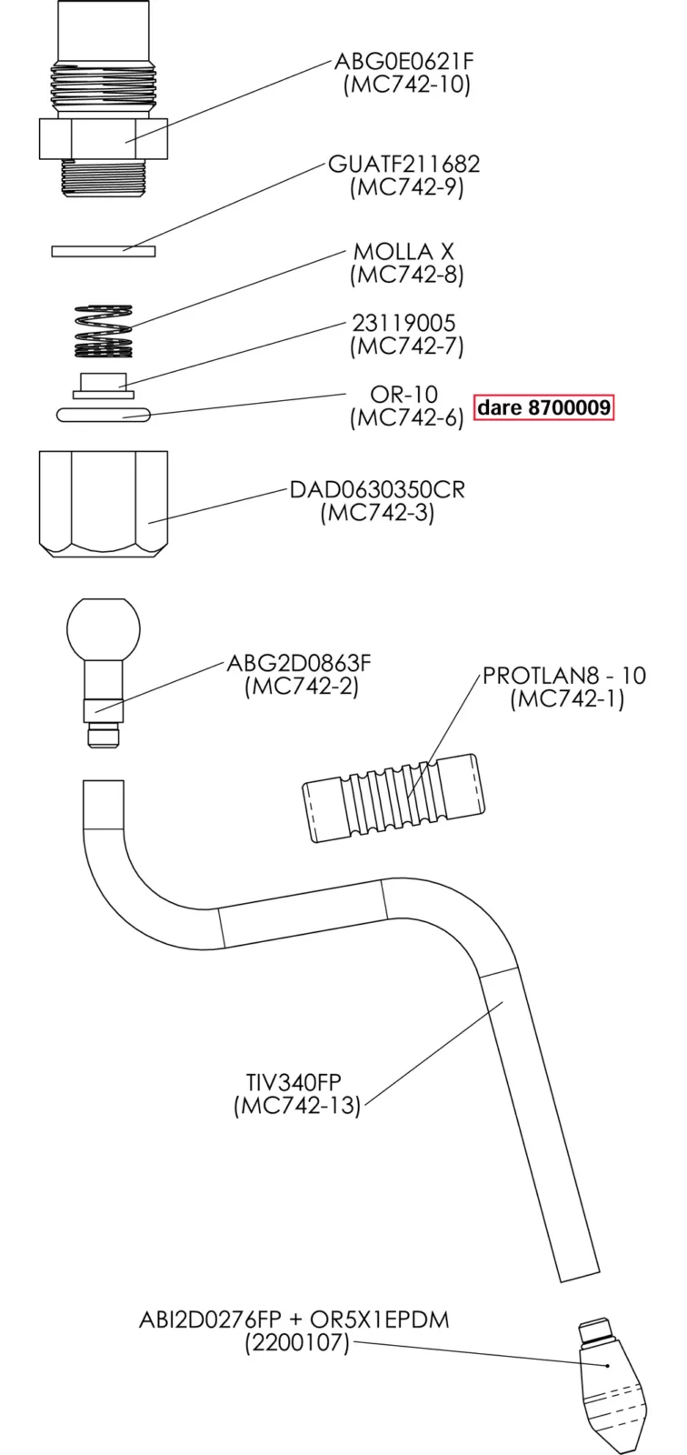 Exploded diagram of a mechanical assembly showing labeled parts, including screws, springs, washers, and valves. One part is highlighted in red with the label “dare 8700009.”. © 2025 1st-line.com