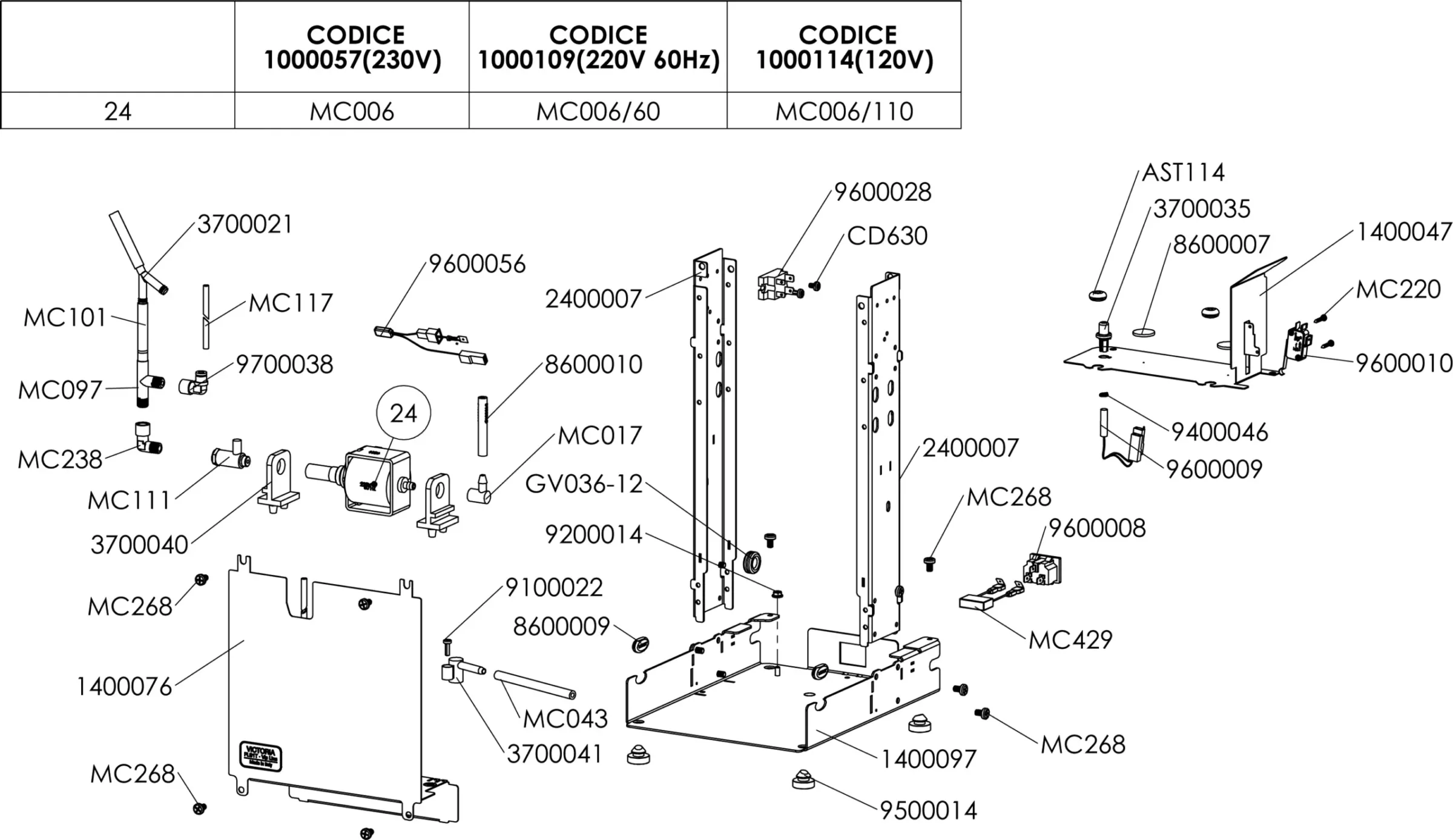 Exploded diagram of a mechanical assembly showing labeled parts, part numbers, codes for different voltage versions (230V, 220V 60Hz, 120V), and arrows indicating the placement of individual components. © 2025 1st-line.com