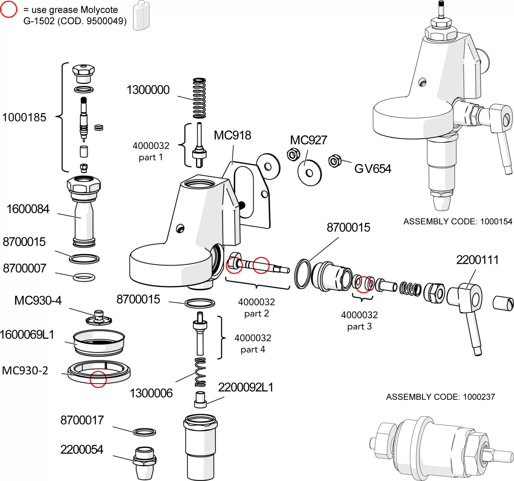 Exploded diagram of a mechanical assembly with labeled parts and part numbers; red circles indicate areas to apply grease (G-1502). Components include valves, gaskets, screws, and a main housing. © 2025 1st-line.com