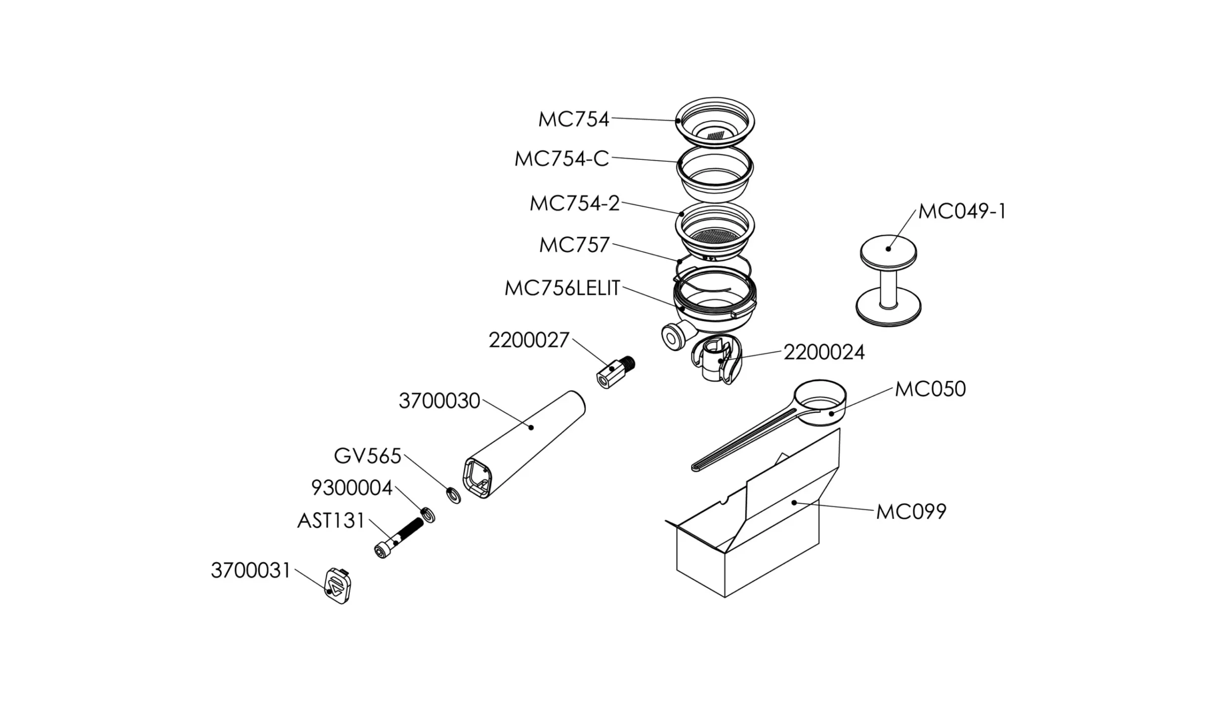 Exploded diagram of a mechanical device showing labeled components, including rings, a shaft, housing parts, and a container, each marked with alphanumeric part numbers for identification. © 2025 1st-line.com