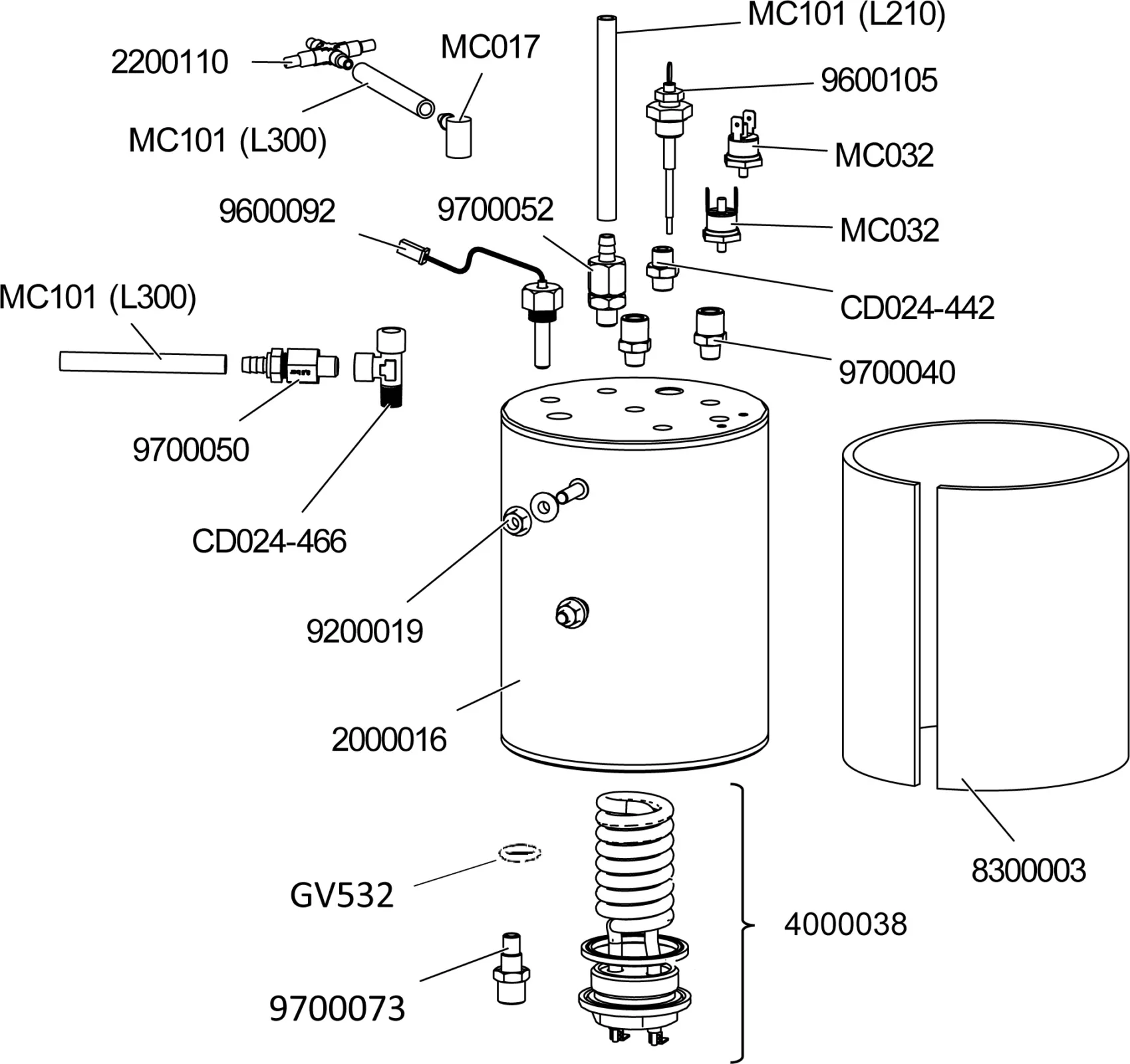 Exploded diagram of a mechanical device showing labeled parts, including a cylindrical tank, coils, valves, pipes, connectors, springs, and screws, with reference numbers for each component. © 2025 1st-line.com