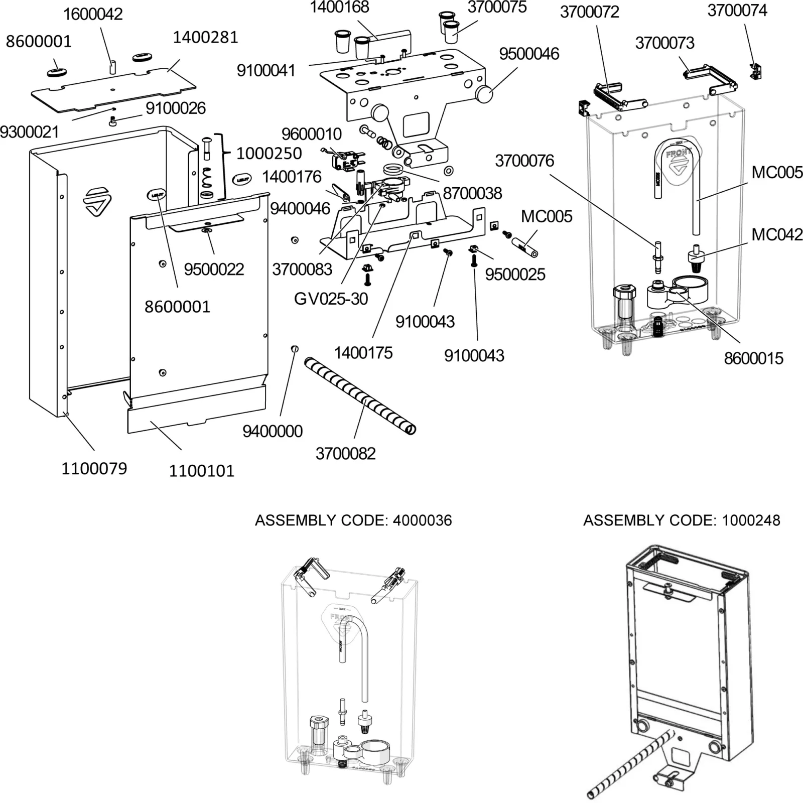 Exploded diagram of a wall-mounted flush tank with labeled parts and assembly codes, showing internal components, screws, and mounting hardware for installation and repair reference. © 2025 1st-line.com