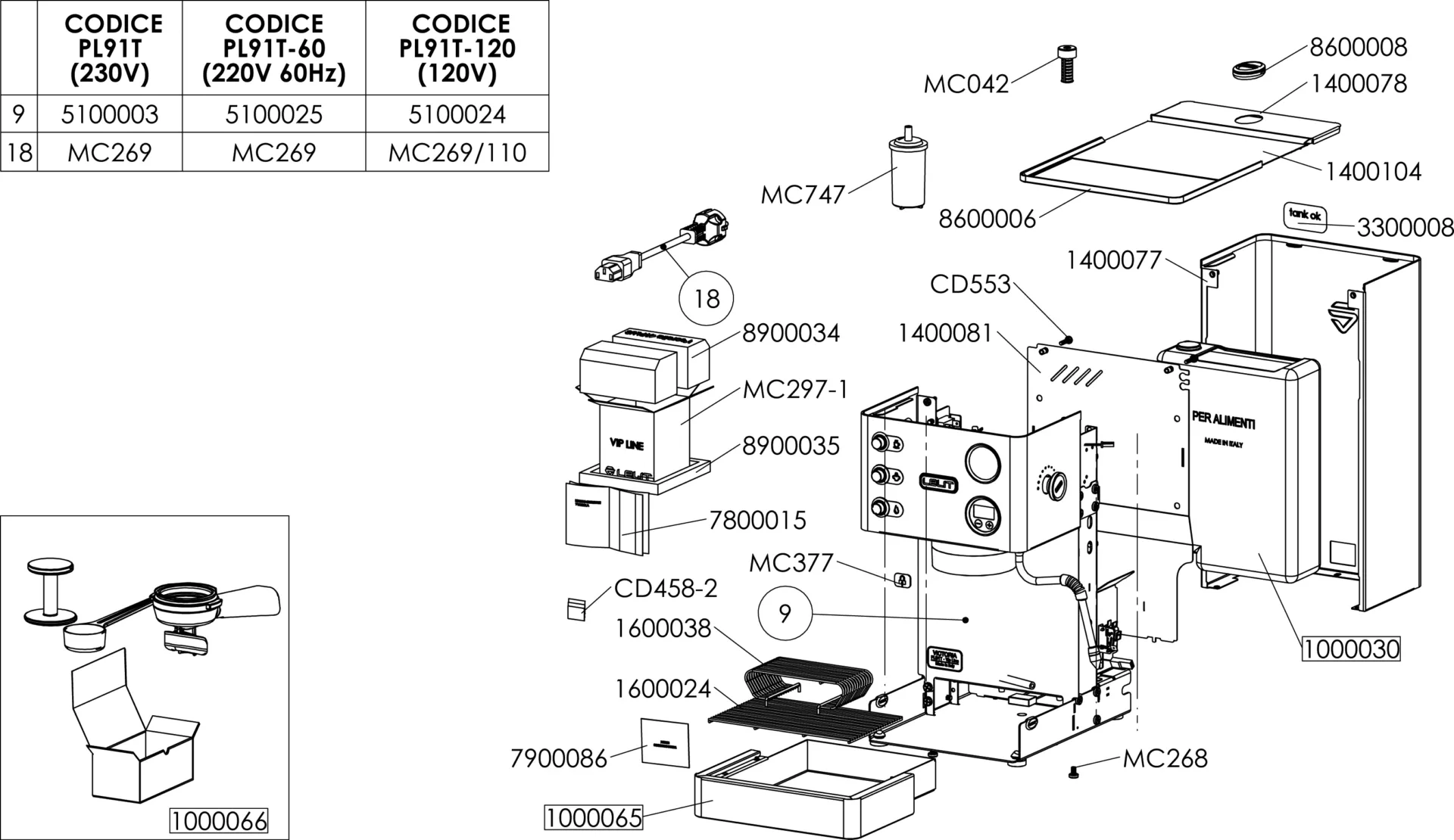 Exploded diagram of an electronic device with numbered parts, codes, and labels. Multiple components, including panels, buttons, and connectors, are shown separated for assembly reference. Inset highlights a small assembly detail. © 2025 1st-line.com