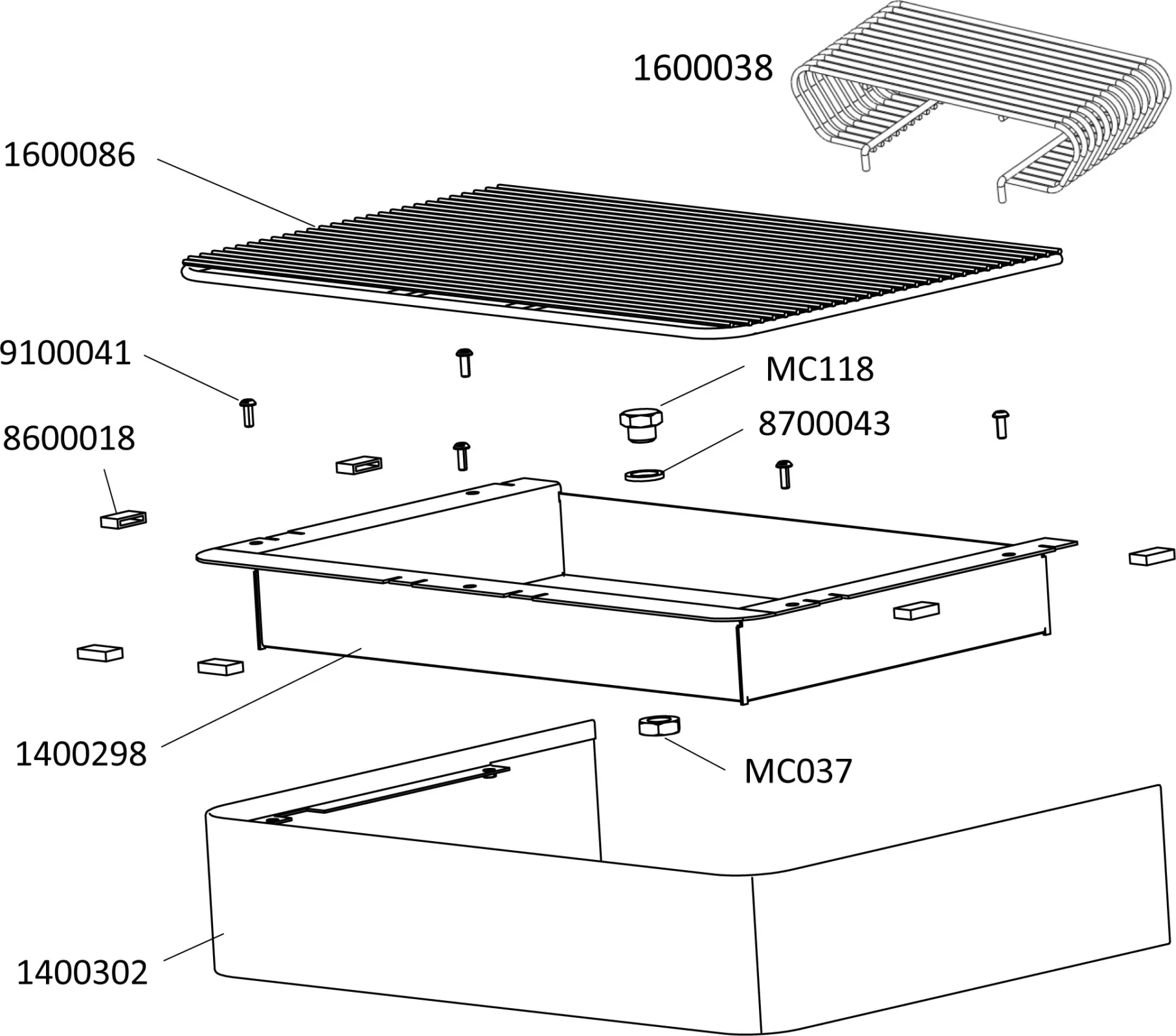 Exploded diagram showing parts of a rectangular device, including a grill, coil, fasteners, and labeled components such as 1600038, 1600086, 9100041, 8700043, 1400298, 1400302, and others. © 2025 1st-line.com