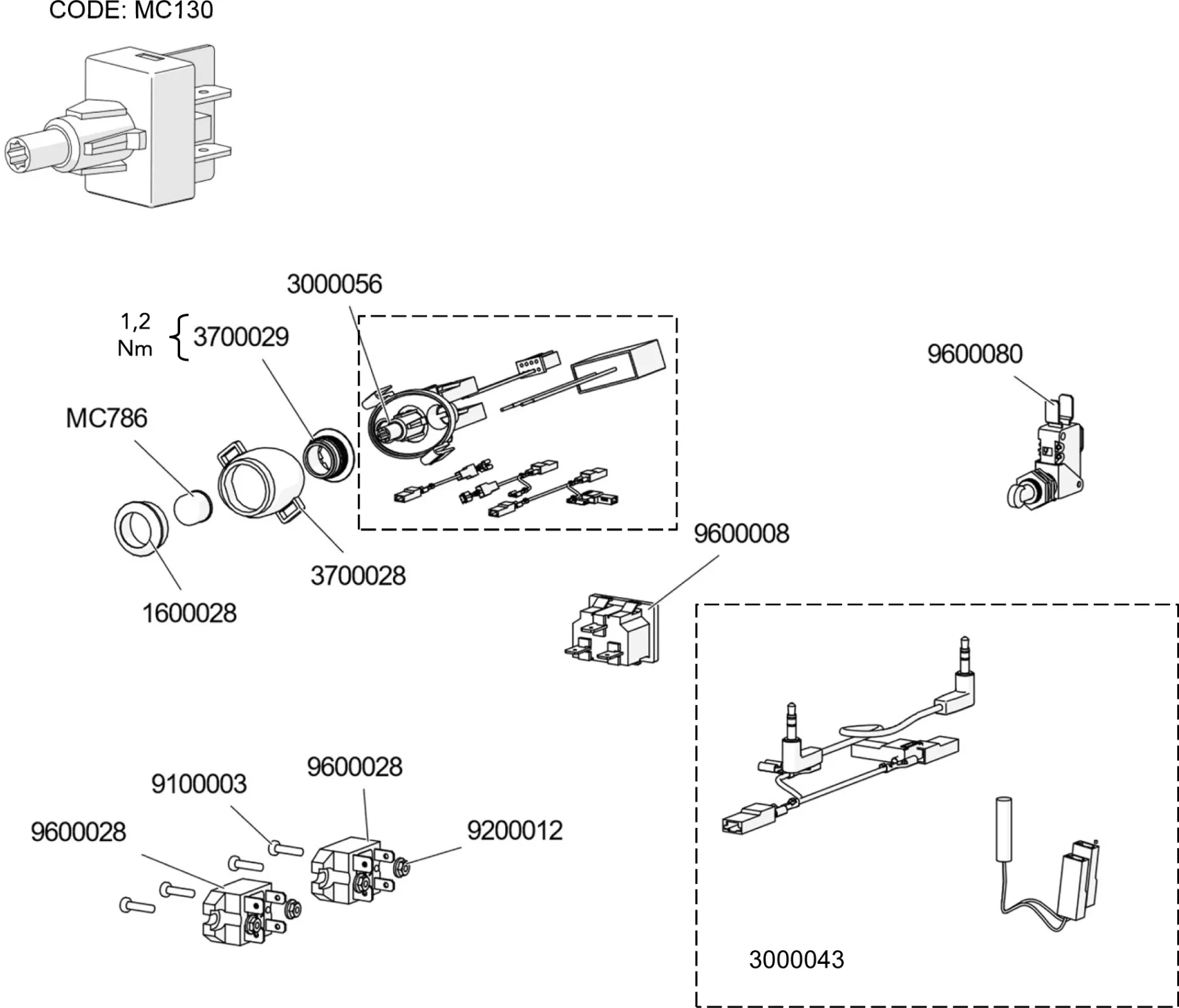Exploded technical diagram labeled CODE: MC130, showing components, part numbers, torque specifications, and several boxed assemblies for an electronic or mechanical device. Various connectors, switches, and modules are depicted. © 2025 1st-line.com