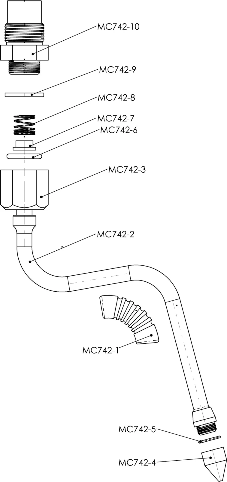 Exploded technical diagram of a faucet assembly with labeled components MC742-1 through MC742-10, showing each part separated and aligned in assembly order. © 2025 1st-line.com