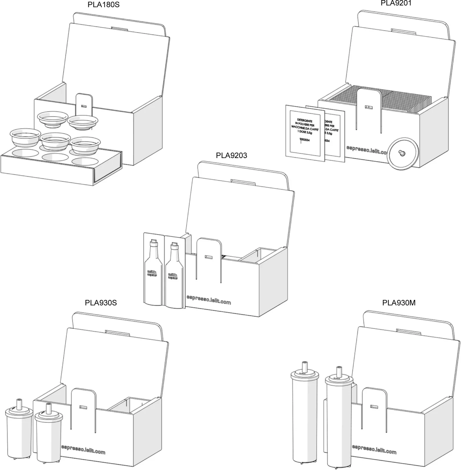 Five labeled line drawings of open boxes, each containing different items: cups and bowls (top left), plates and cutlery (top right), bottles (center), cups (bottom left), and tall containers (bottom right). © 2025 1st-line.com