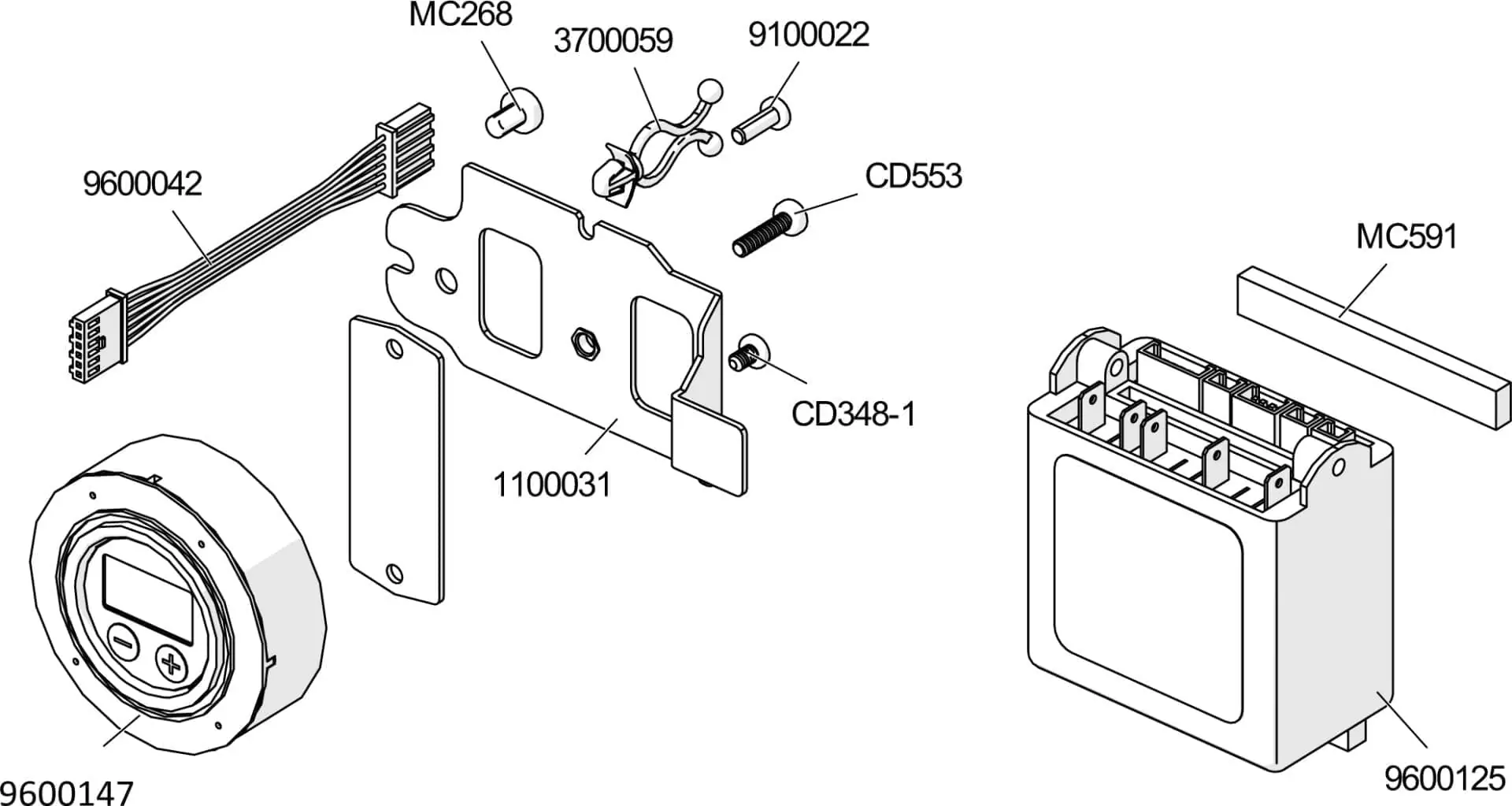 Line drawing of an exploded view of an electronic device, showing labeled parts including wires, screws, brackets, a round display, and a rectangular control unit with part numbers marked throughout. © 2025 1st-line.com