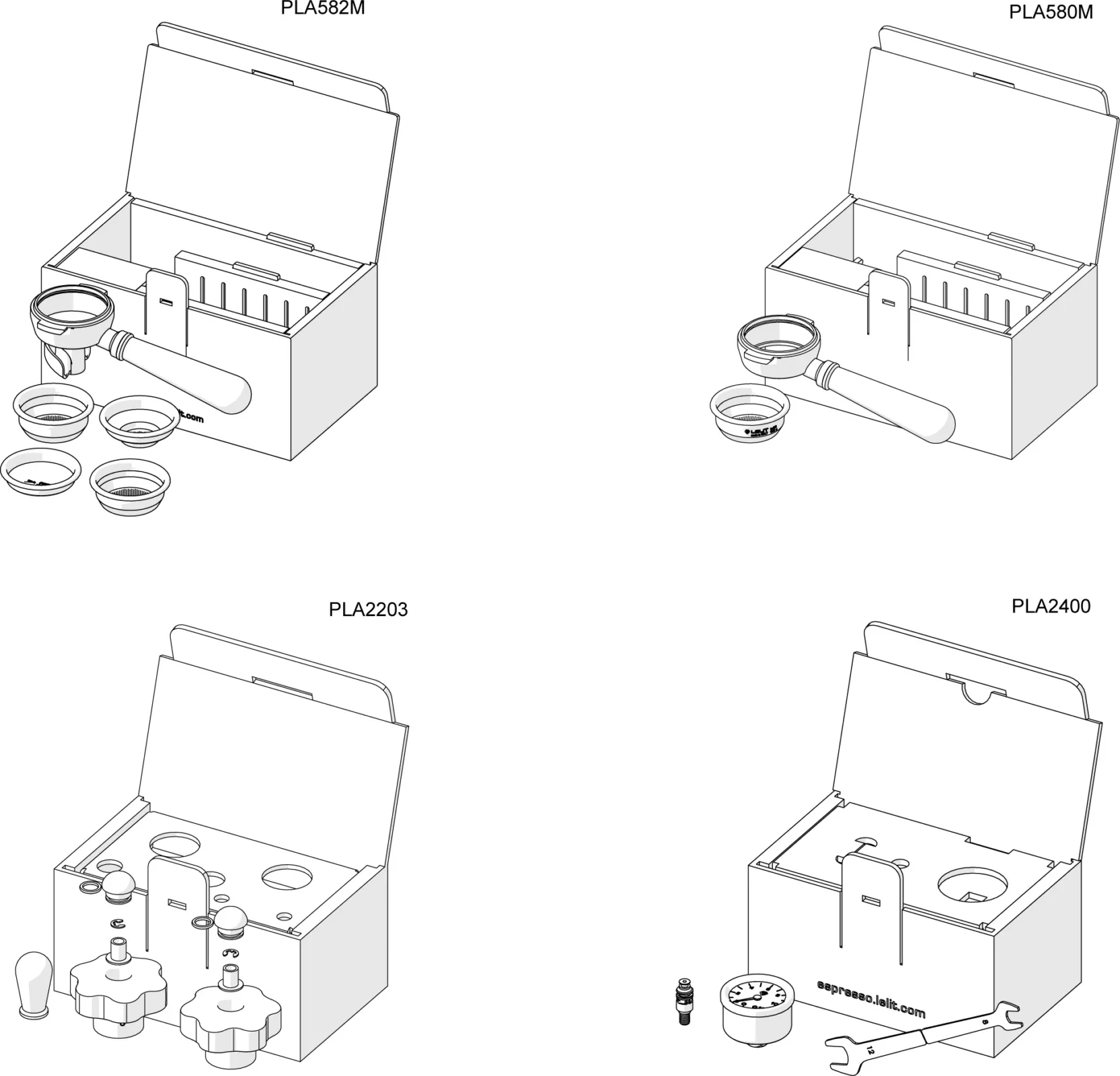 Line drawings of four different scientific testing kits, each in an open box with compartments. Kits include various instruments like magnifiers, containers, dials, and labeled as PLA582M, PLA580M, PLA2203, and PLA2400. © 2025 1st-line.com