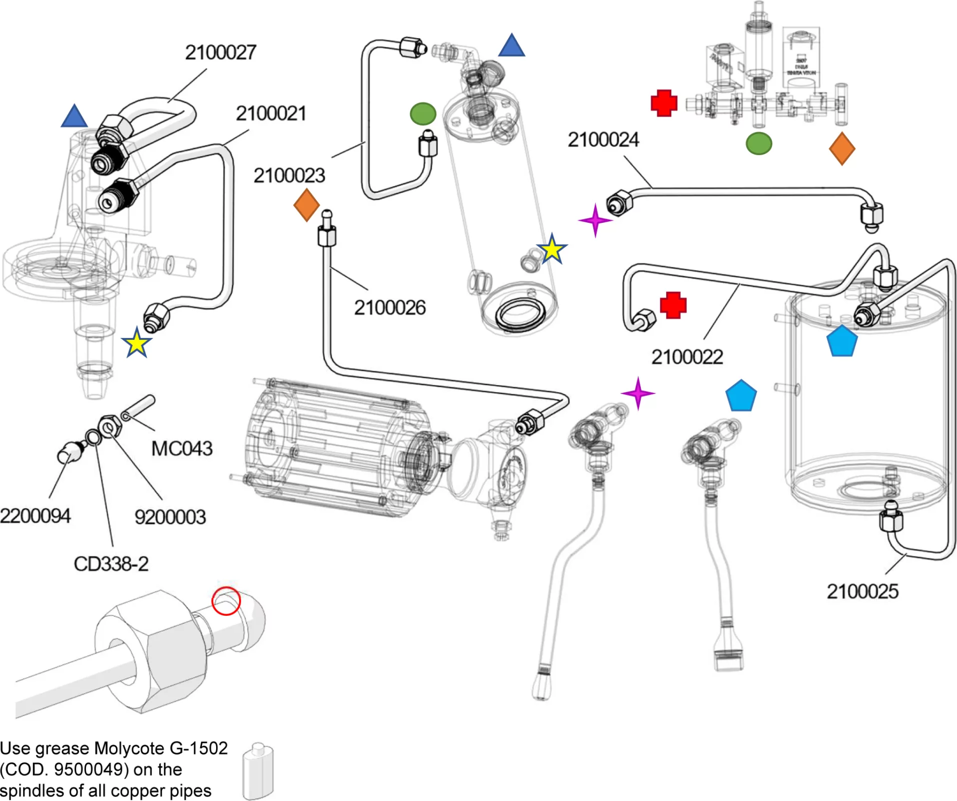 Technical diagram showing components and assemblies of a machine with pipes, valves, and a cylindrical chamber. Colored shapes highlight specific parts. A note instructs to use grease on spindles of copper pipes. © 2025 1st-line.com