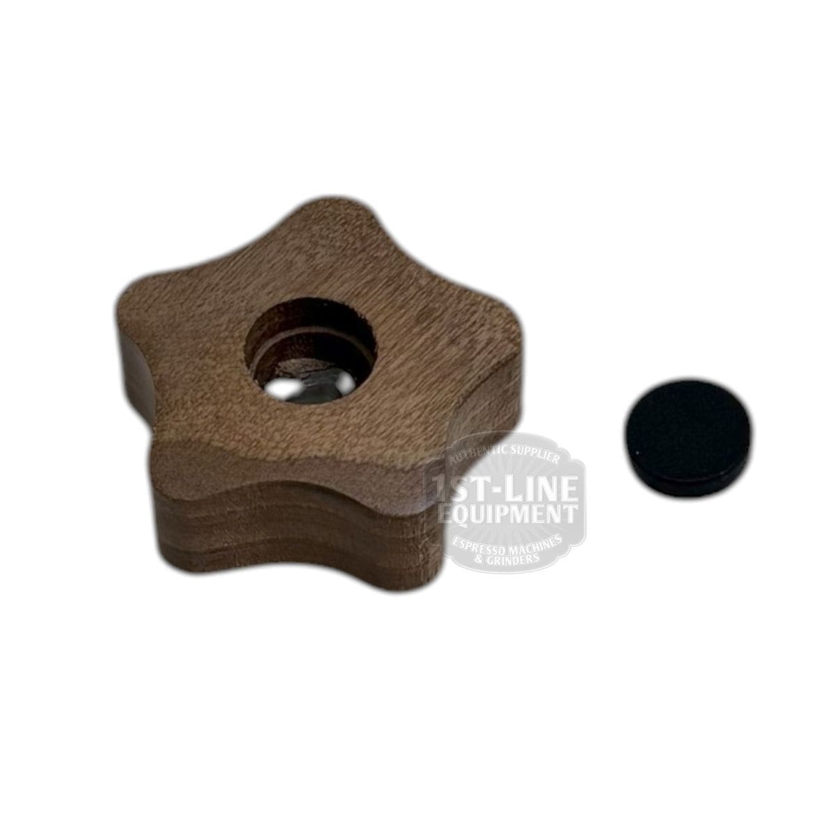 The ACS MIN0114 Walnut Tap Knob for Minima, star-shaped and wooden, sits next to a small round black piece on a white background. © 2025 1st-line.com